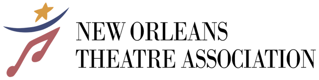 On the left side is a yellow five-pointed star, a blue swoop, and red music notes. On the right side are the words NEW ORLEANS THEATRE ASSOCIATION.